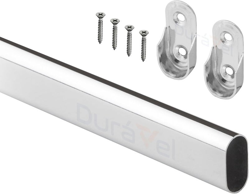 Duravel Oval Closet Rod, White Chrome, 95 cm with Mounting Brackets and Screws - Image 1